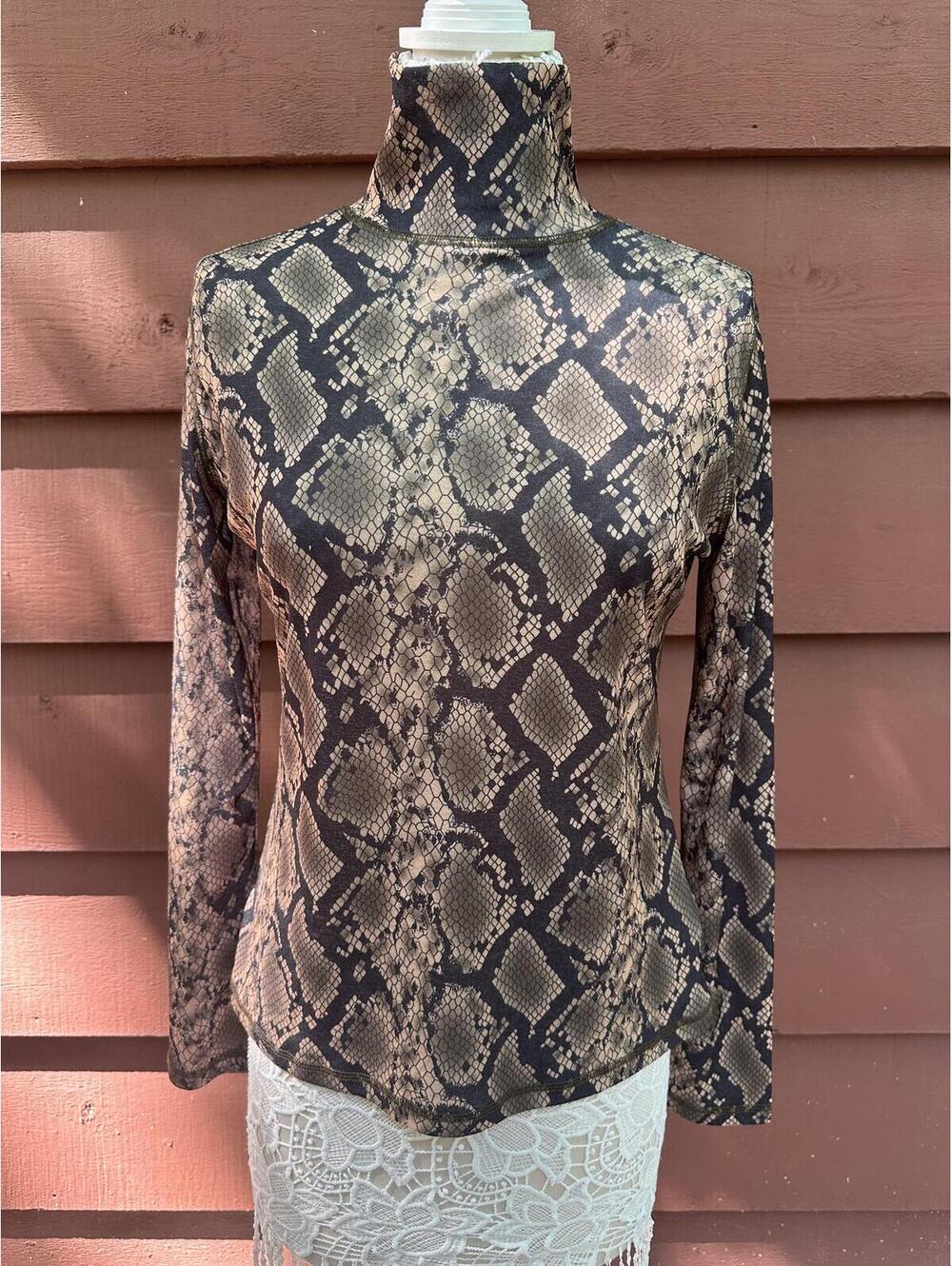 Suncoo Paris Snakeskin Print Turtleneck Long Sleeve Mesh Top